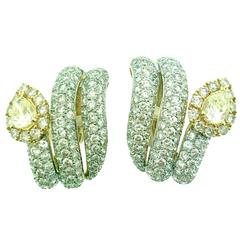 Three Row Pave Diamond Gold Earrings with Yellow Pear Shaped Diamonds 