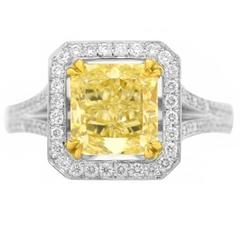 2.44 Carat GIA Cert Y-Z Yellow Radiant Cut Diamond Two Color Gold Halo Ring