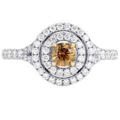 Fancy Deep Brown Round Diamond Gold Double Halo Ring