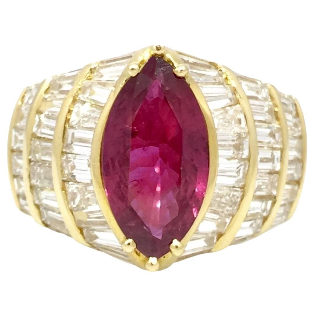 3.72 Carat GIA Cert Marquise Shaped Ruby Diamond Gold Ring  For Sale