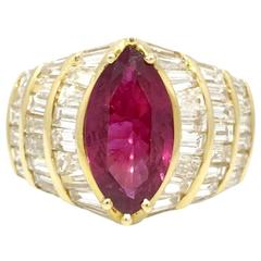 3.72 Carat GIA Cert Marquise Shaped Ruby Diamond Gold Ring 