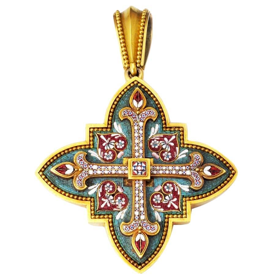 Victorian Italian Micro-Mosaic Gold Ernesto Pierret Pendant For Sale