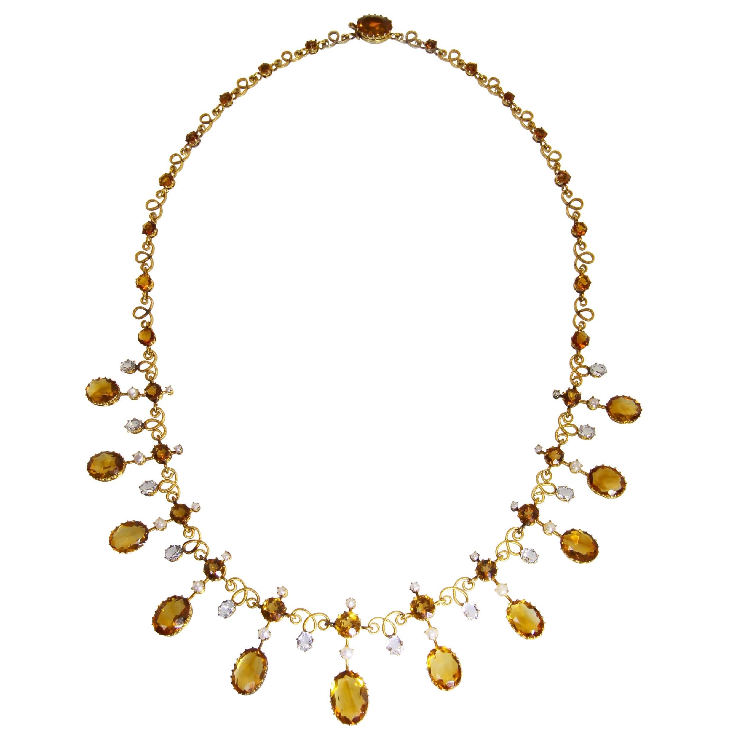 Antique Citrine White Sapphire Seed Pearl Gold Necklace