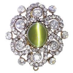 Edwardian Cat's Eye Diamond Silver Gold Brooch Pendant 9