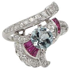 Vintage Stunning Mid Century 2.85 Carat Aquamarine Ruby Diamond Platinum Ring