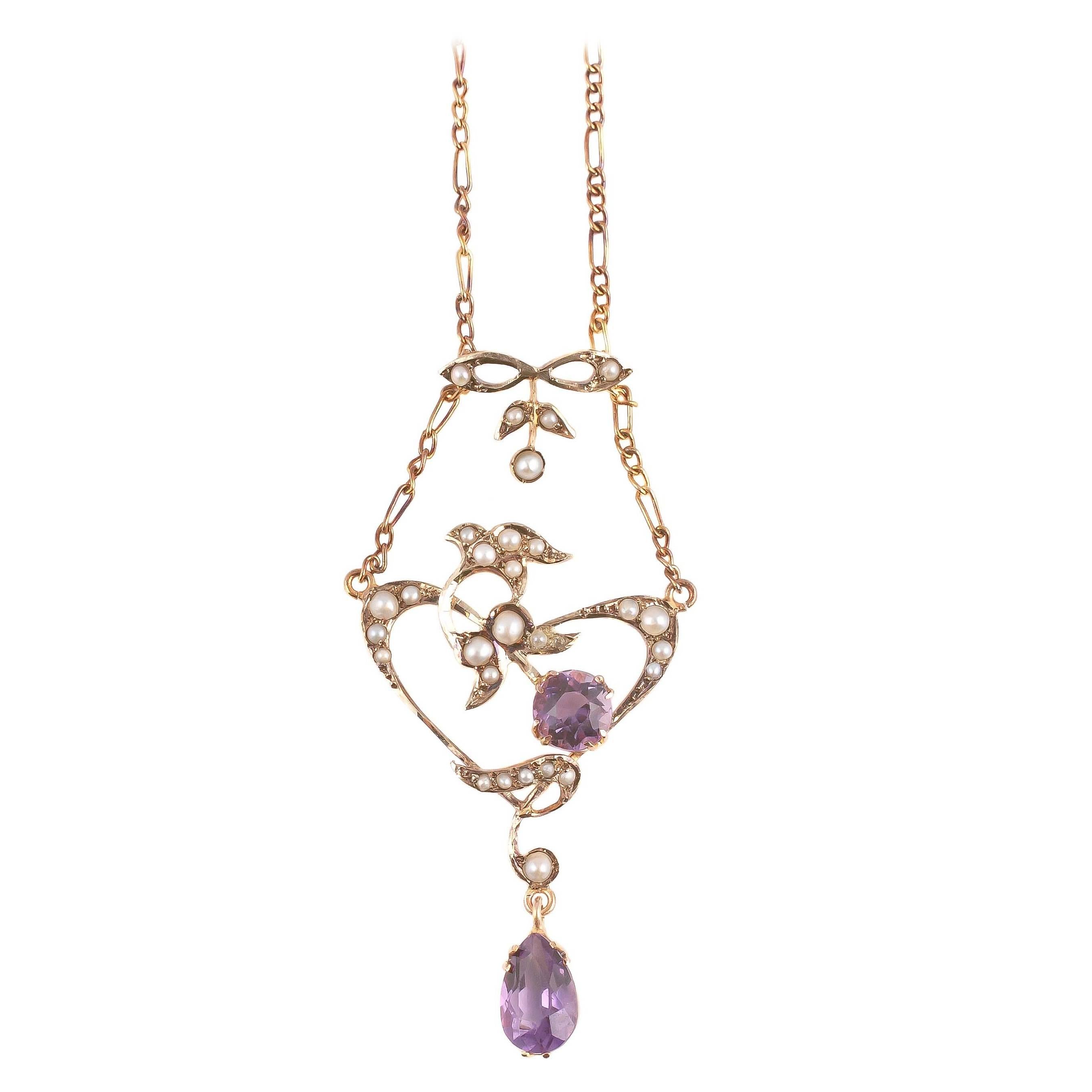 Amethyst Seed Pearl Gold Lavalier Necklace