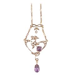 Amethyst Seed Pearl Gold Lavalier Necklace