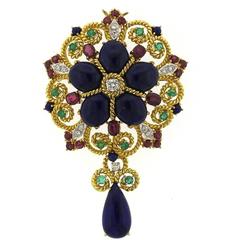 1960s Large Lapis Ruby Emerald Sapphire Diamond Gold Brooch Pendant