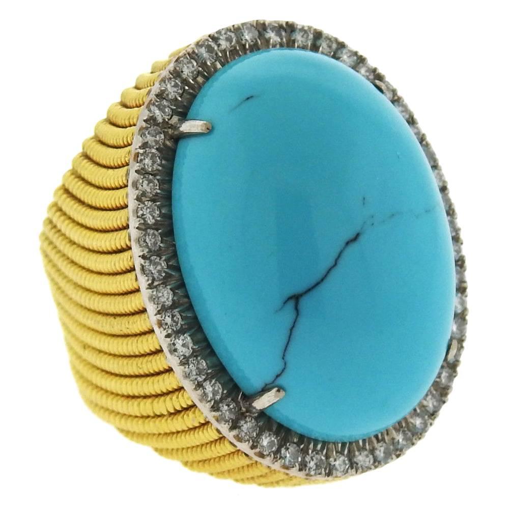 1960s Massive Turquoise Diamond Gold Ring