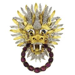 Impressive Sapphire Ruby Diamond Gold Dragon Brooch Pendant