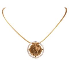 American Eagle $5 Liberty Coin Diamond Gold Frame Pendant Necklace