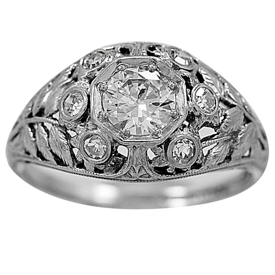 Art Deco 0.51 Carat Diamond Platinum Engagement Ring  For Sale