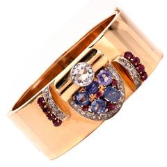 Retro Sapphire Ruby Diamond Gold Bangle Bracelet