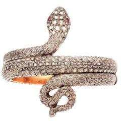 Vintage Diamond Ruby Silver Gold Snake Bangle Bracelet
