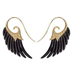 18K Yellow Gold Wing Earrings with carved Ebony and Brown Diamonds