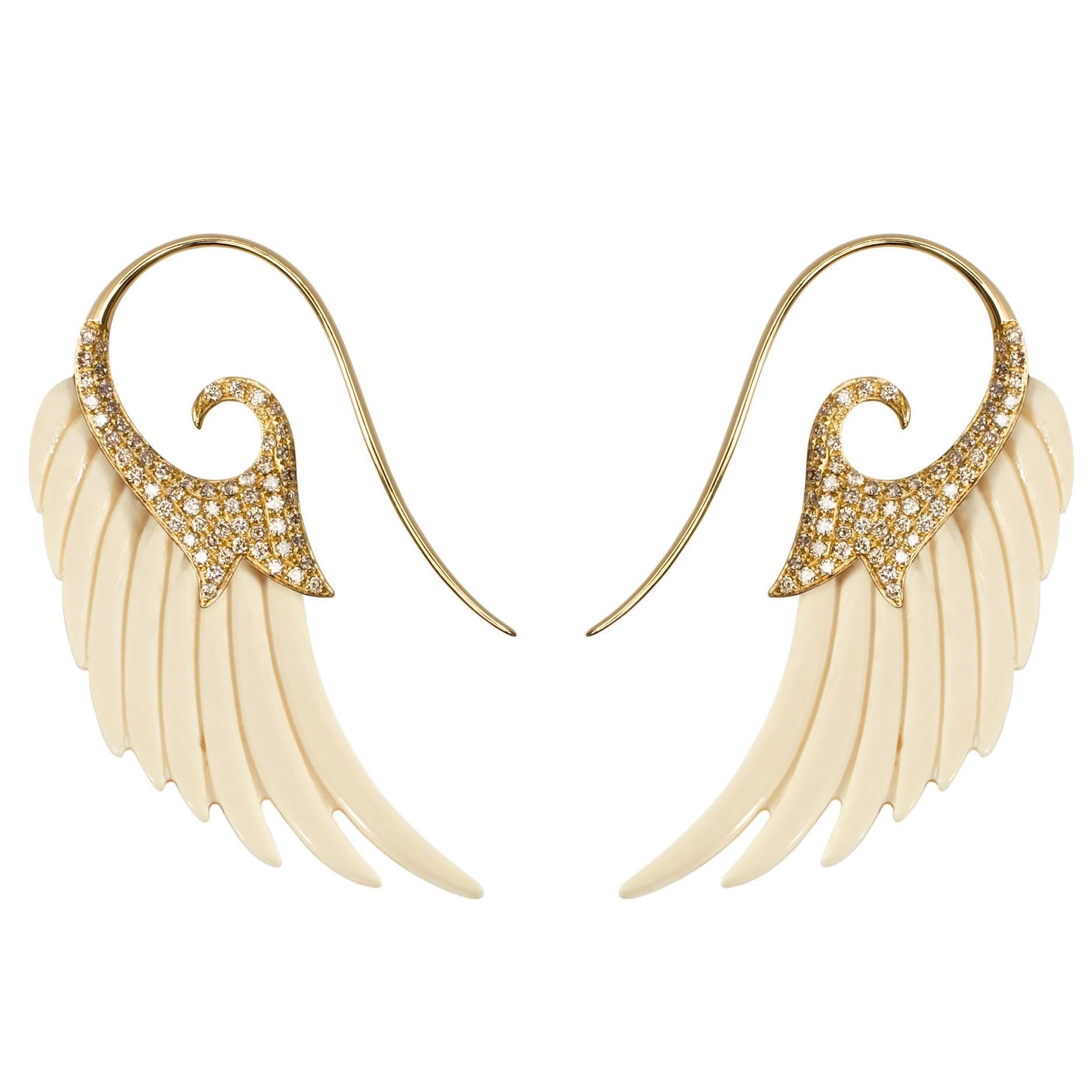 Fly Me to the Moon Mammoth Bone Diamond Gold Wing Hook Earrings