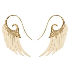Fly Me to the Moon Mammoth Bone Diamond Gold Wing Hook Earrings