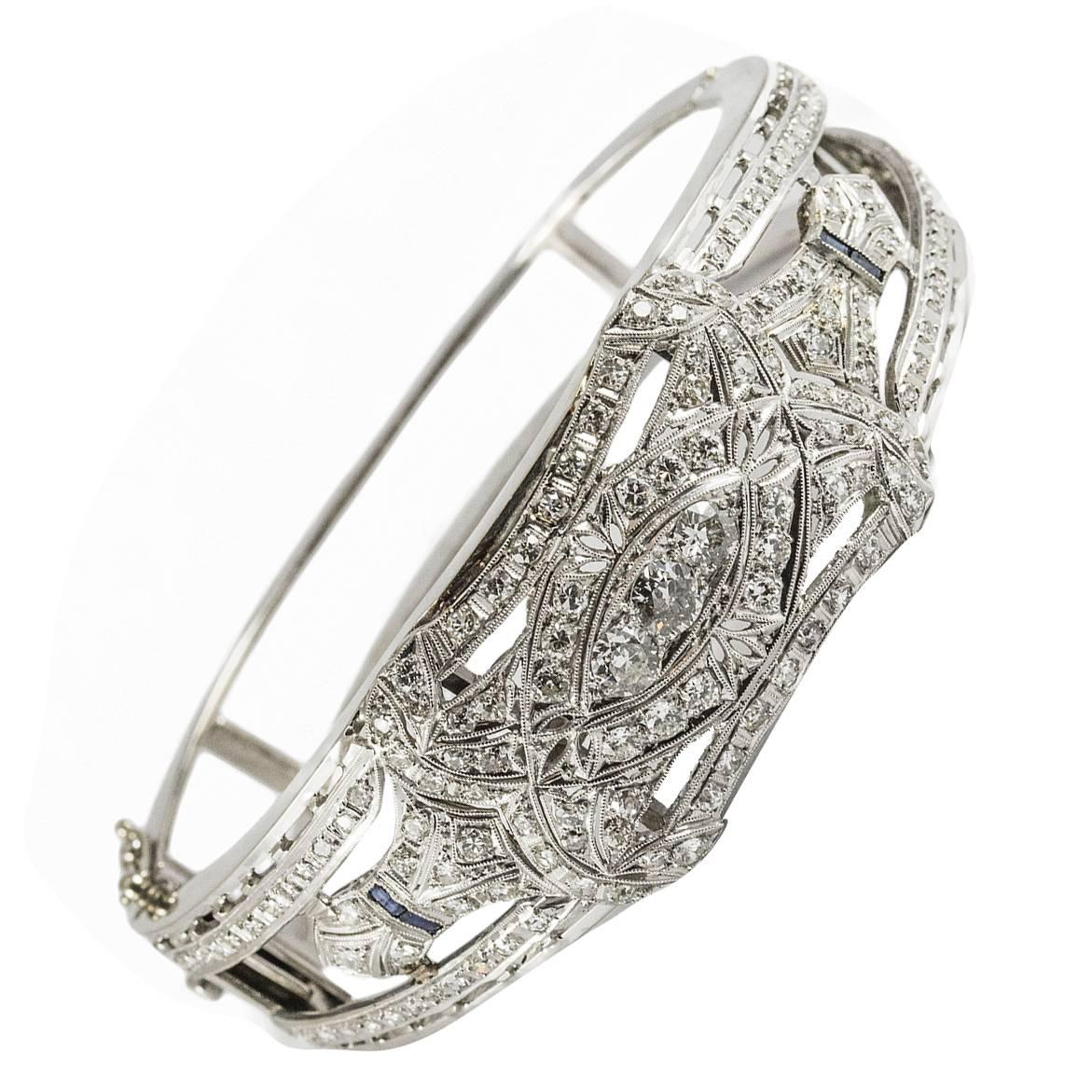 Art Deco Sapphire Diamond Gold Platinum Cuff Bracelet For Sale