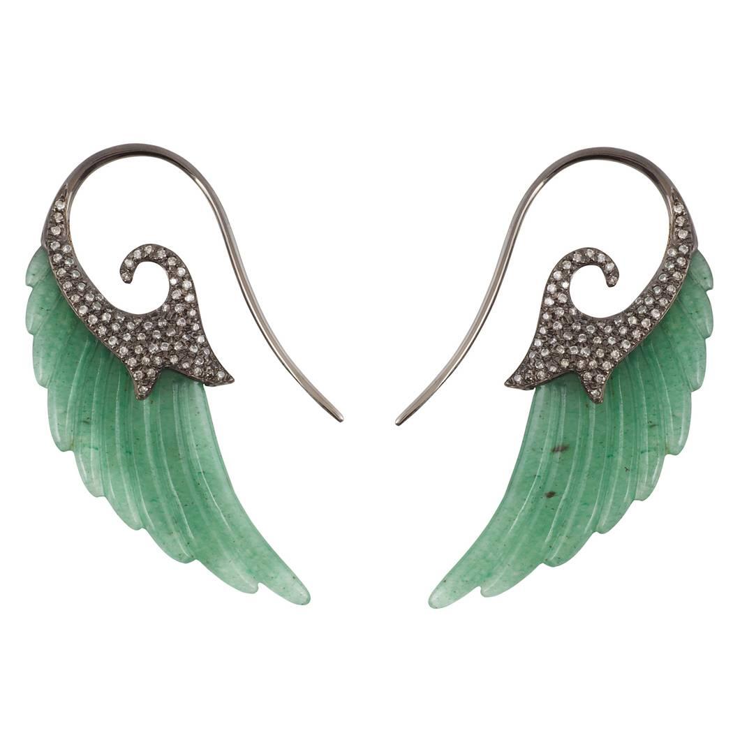 18K Black Gold Wing Earrings with Aventurine and White Diamonds For Sale