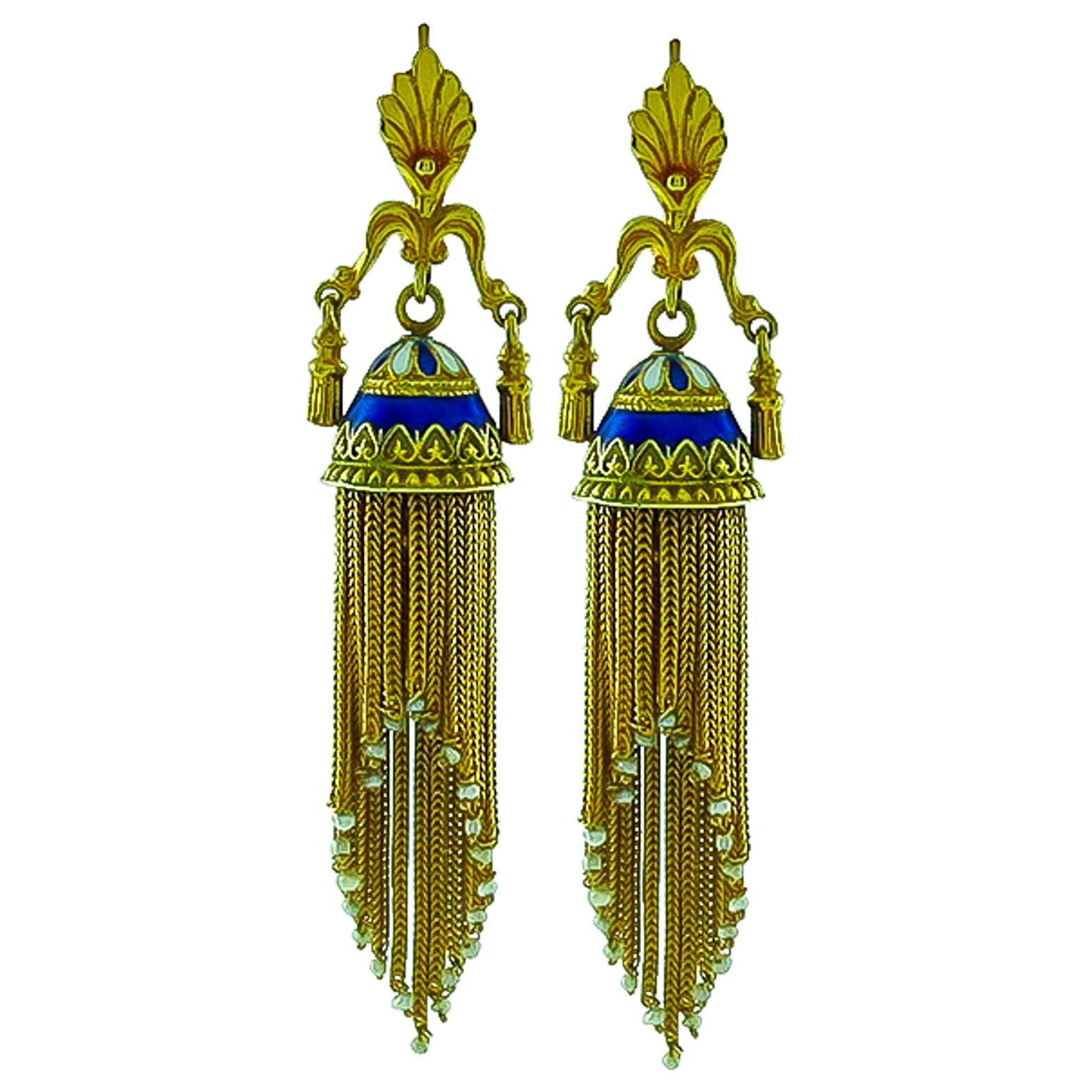 Victorian Enamel Seed Pearl Gold Tassel Earrings