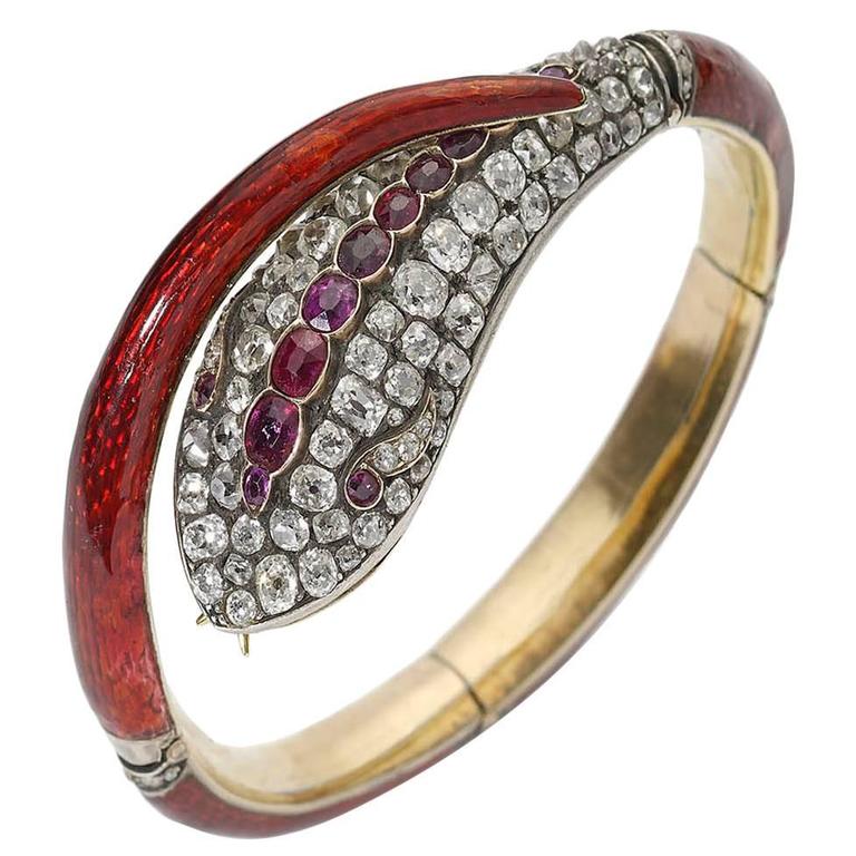 Victorian Red Enamel Diamond Gold Snake Bangle Bracelet For Sale
