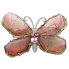 Tourmaline Diamond Platinum Butterfly Brooch