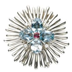 Cartier Aquamarine Diamond Gold Flower Brooch