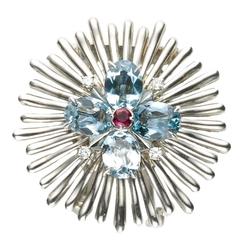 Cartier Aquamarine Diamond Gold Flower Brooch 