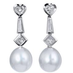 Pearl Bezel Set Diamond Gold Setting Drop Earrings