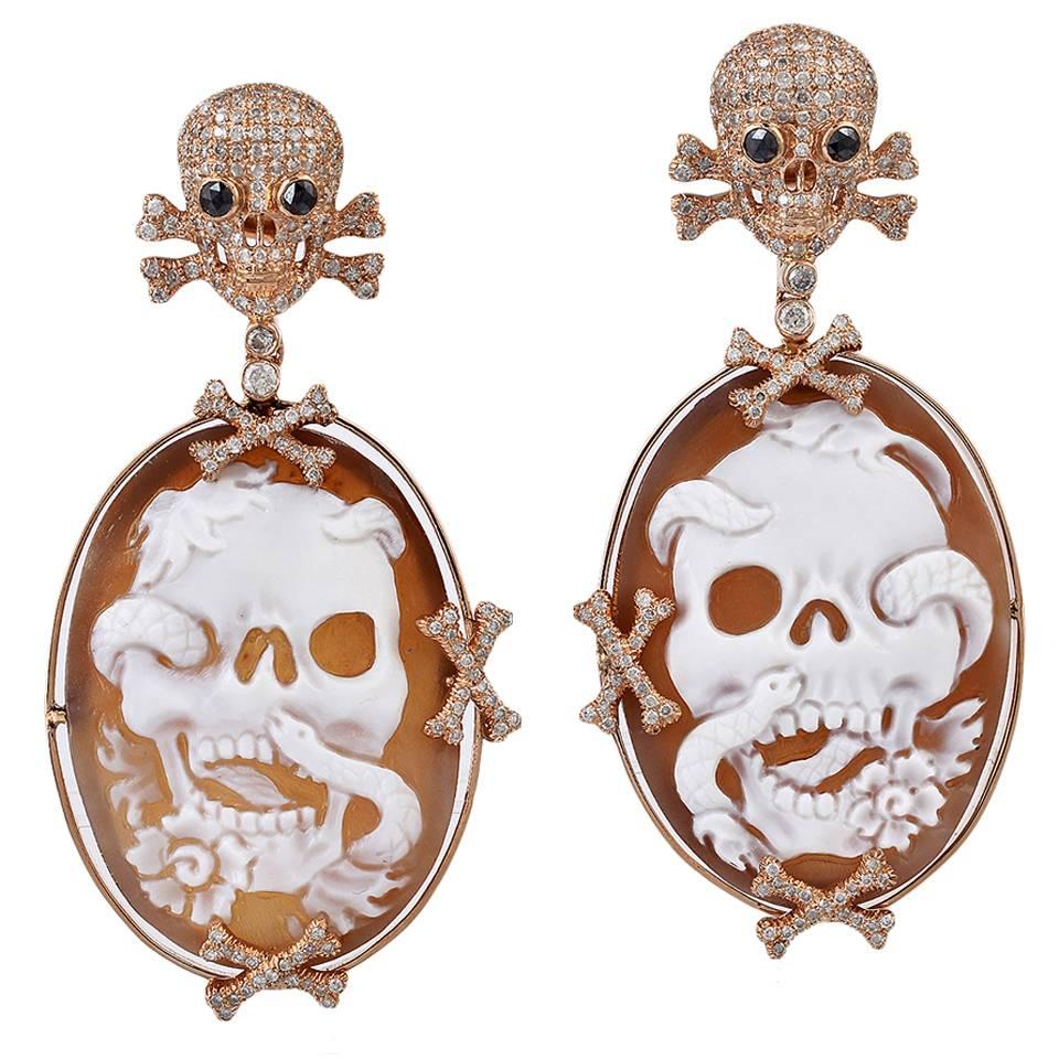 Skull Cameo Diamond Gold Earrings