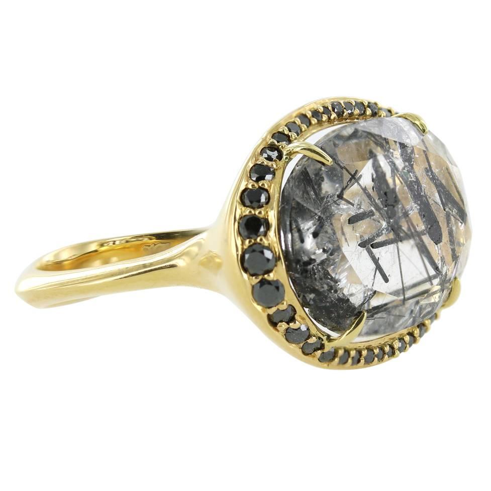 Black and Clear Tourmalinated Quartz Gold Ring 