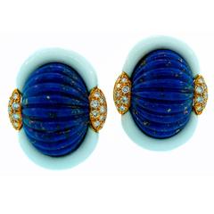 Andrew Clunn Carved Lapis Lazuli Enamel Diamond Gold Earrings 2