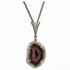 Geode Pendant Necklace Surrounded with Diamonds in Oxidized Sterling Silver