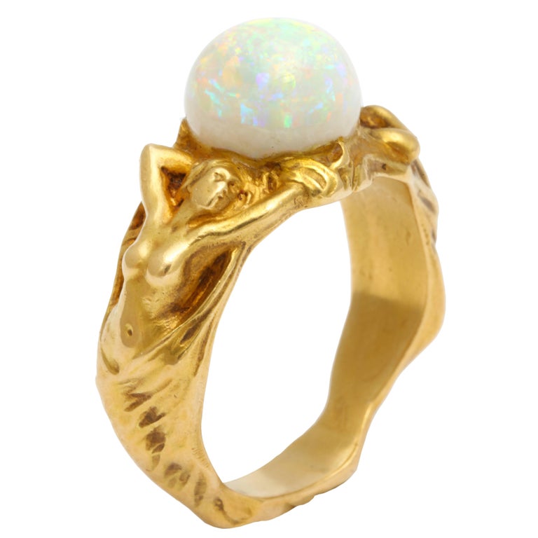 Figural Art Nouveau Opal and Gold Ring For Sale