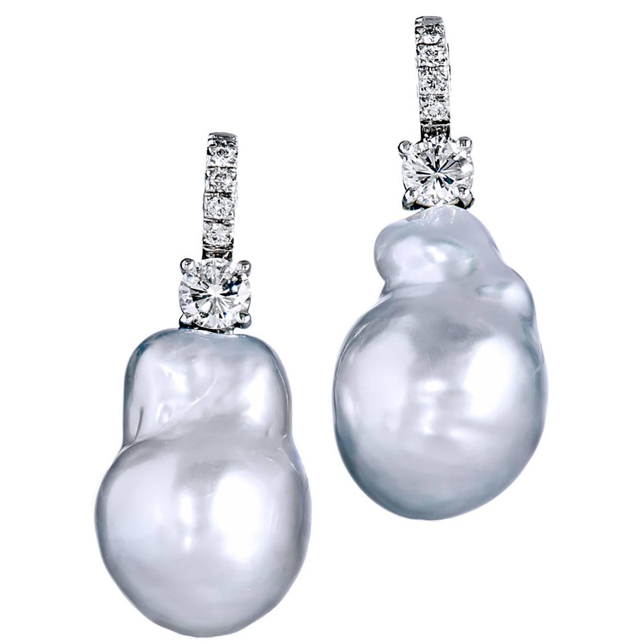 Natural Silver Baroque Pearl Earrings with Diamonds White Gold Lever Back