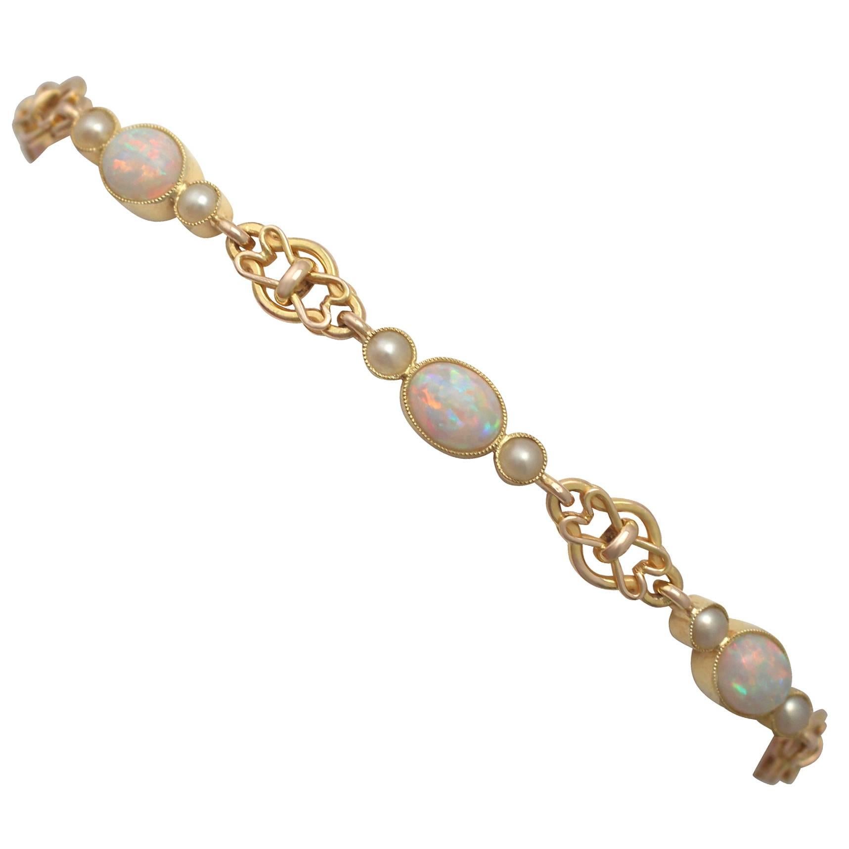 Antique 1890s Victorian Opal and Pearl, 15k Yellow Gold Bracelet
