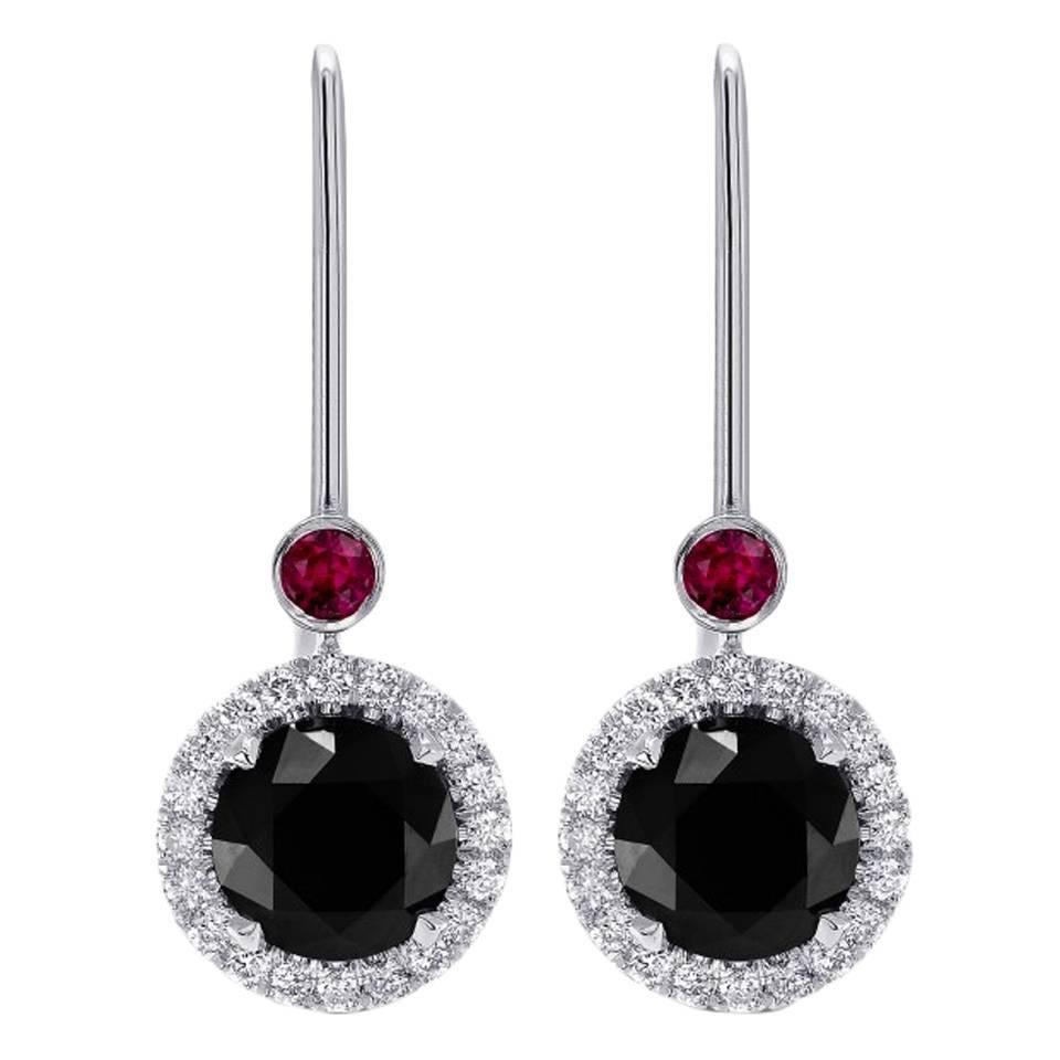 Ruby and Round Black Diamond Halo Gold Drop Earrings For Sale
