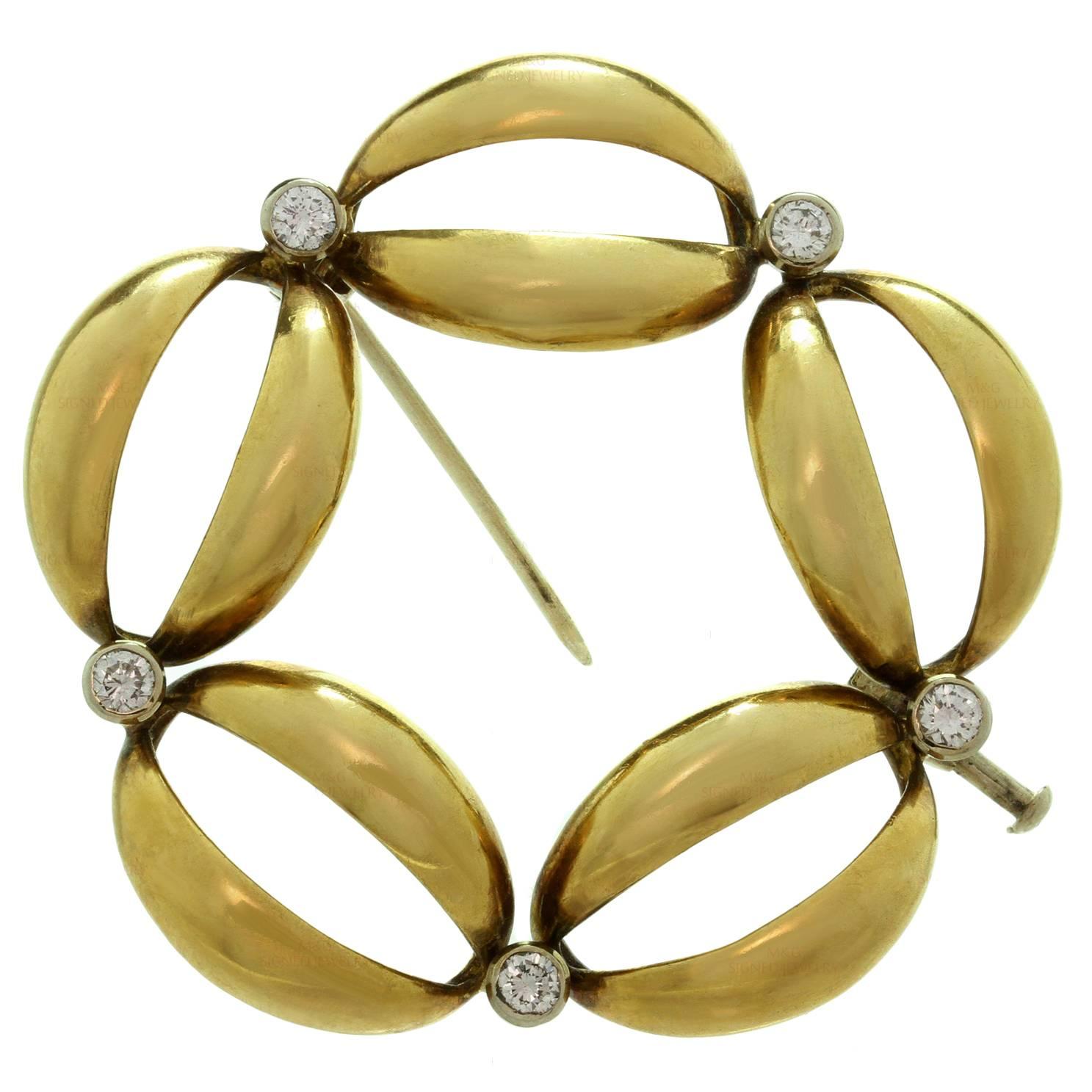 1980s Diamond Two Color Gold Brooch For Sale