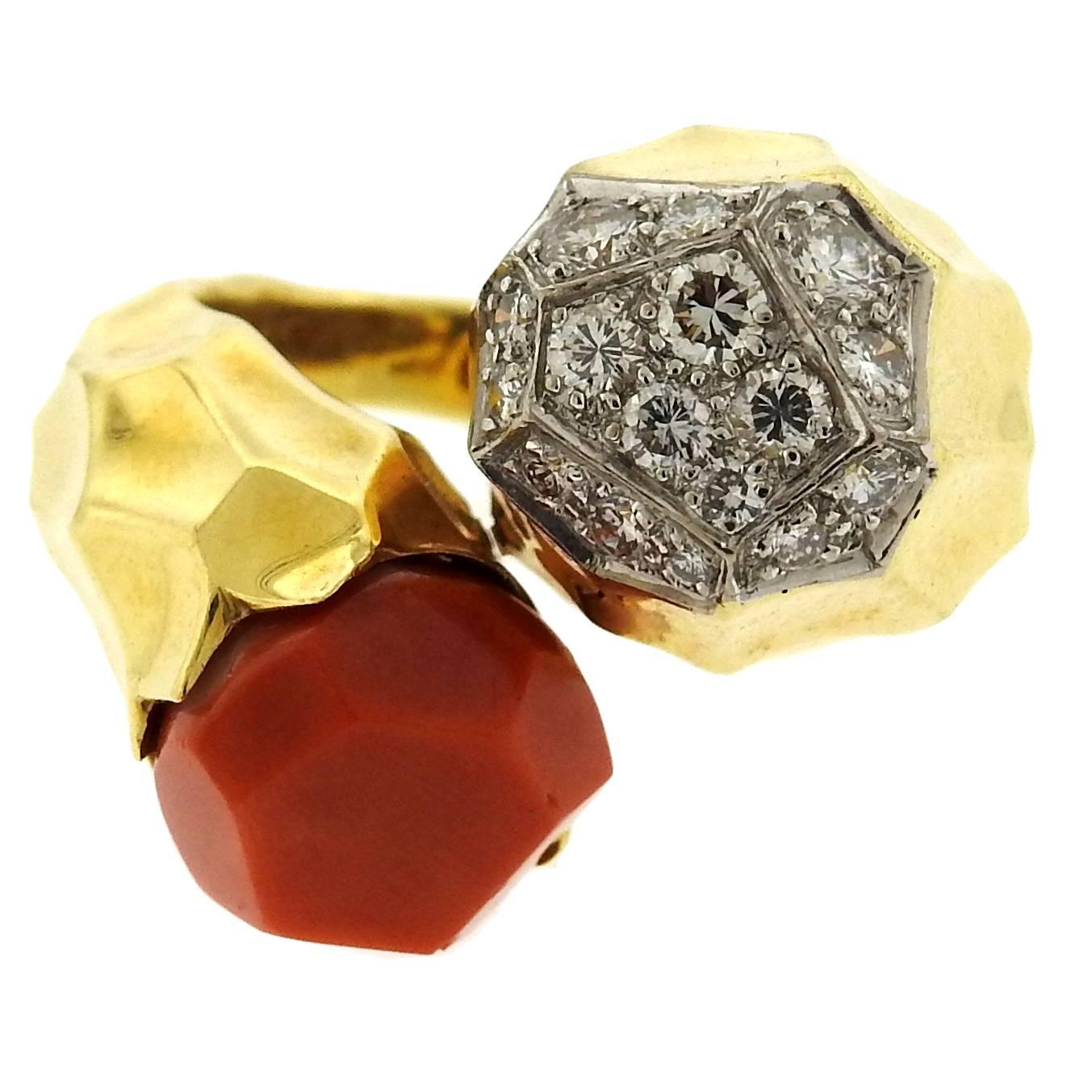 Kutchinsky Coral Diamond Gold Bypass Ring For Sale
