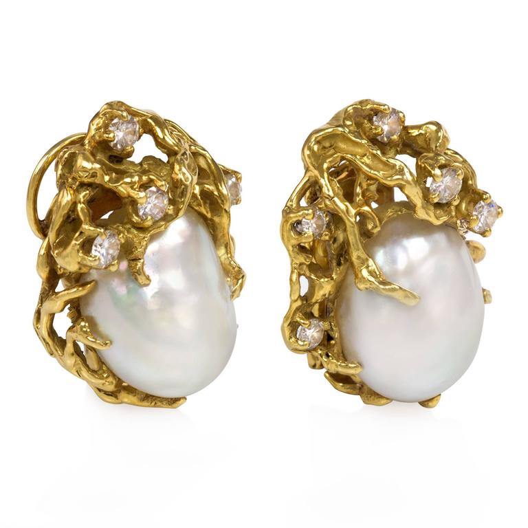 1970s Arthur King Organic Pearl Diamond Gold Earrings at 1stDibs