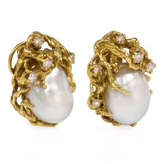 1970s Arthur King Organic Pearl Diamond Gold Earrings