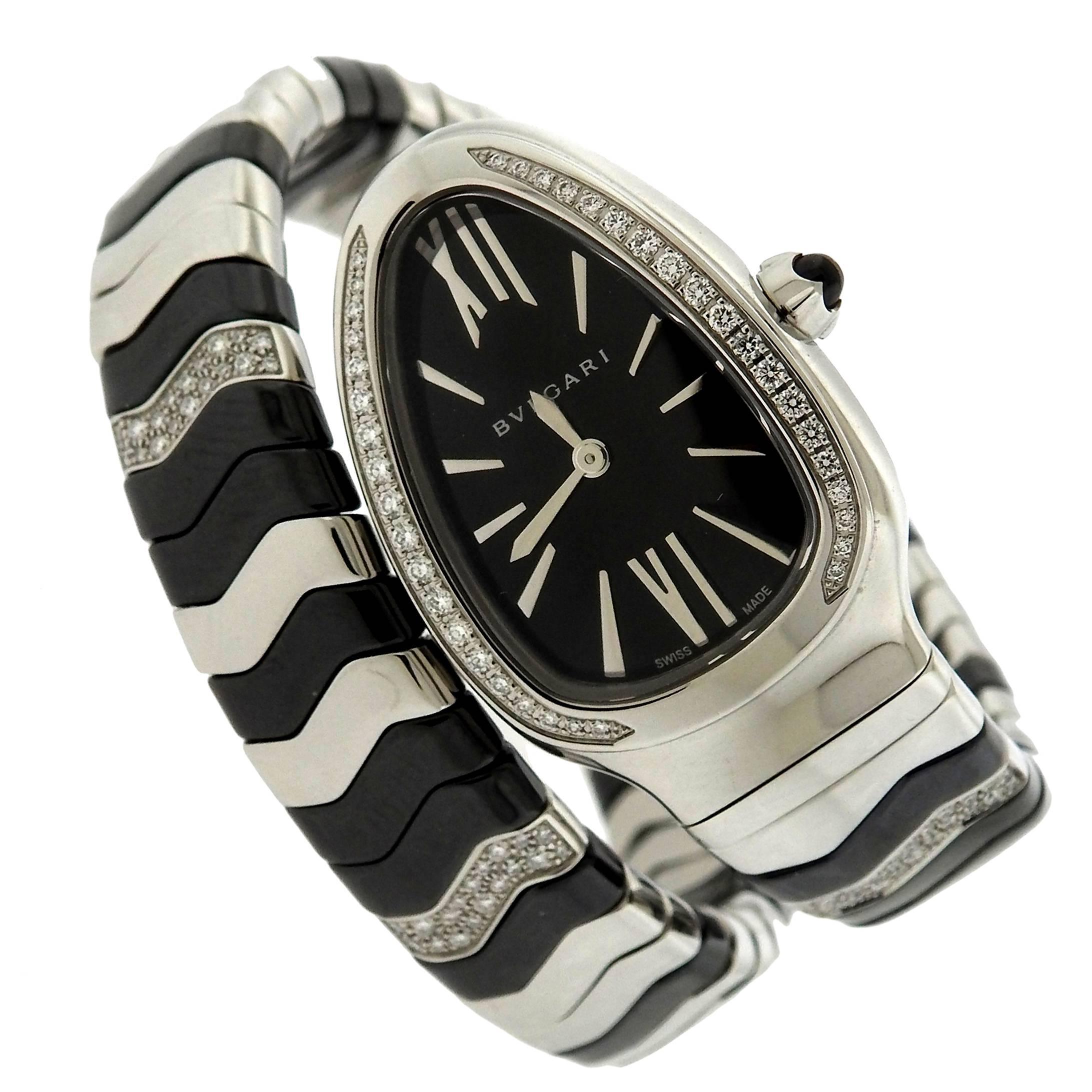 Bulgari Stainless Steel Diamond Ceramic Serpenti Quartz Wrap Bracelet Wristwatch
