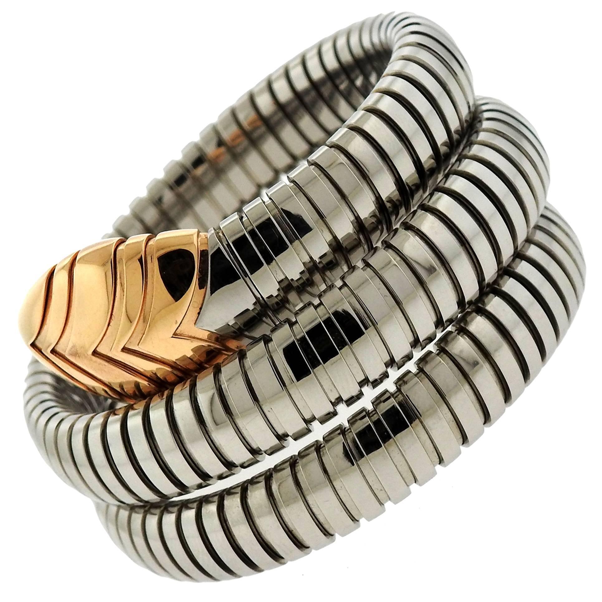 Bulgari Serpenti Stainless Steel Gold Wrap Around Bracelet