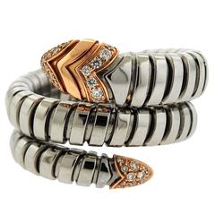 Bulgari Serpenti Diamond Stainless Steel Gold Wrap Around Ring