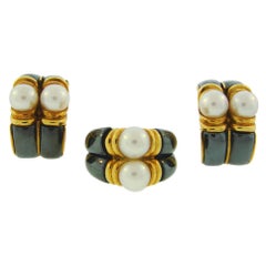 1980s Bulgari Pearl Hematite Yellow Gold Earrings and Ring Set