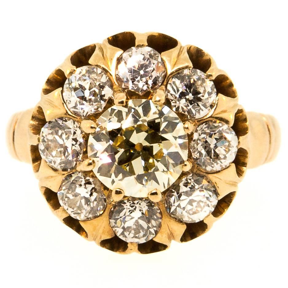1910 Old European Cut Diamond Gold Cluster Ring