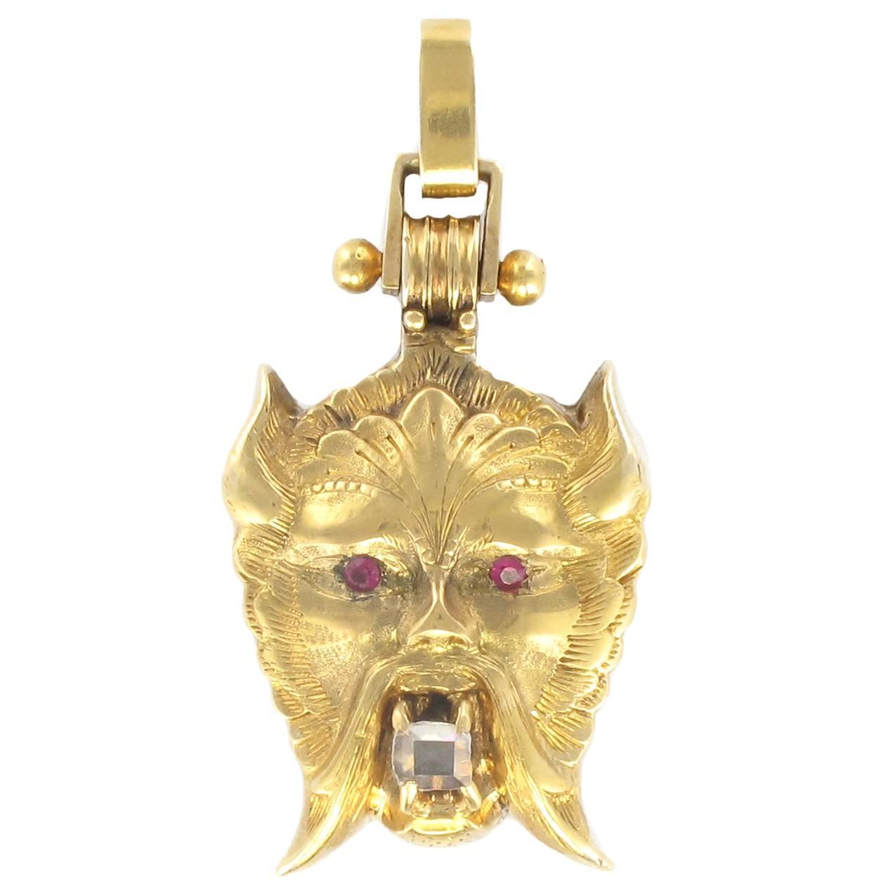 Antique Ruby Diamond Gold Chimera Locket Pendant 