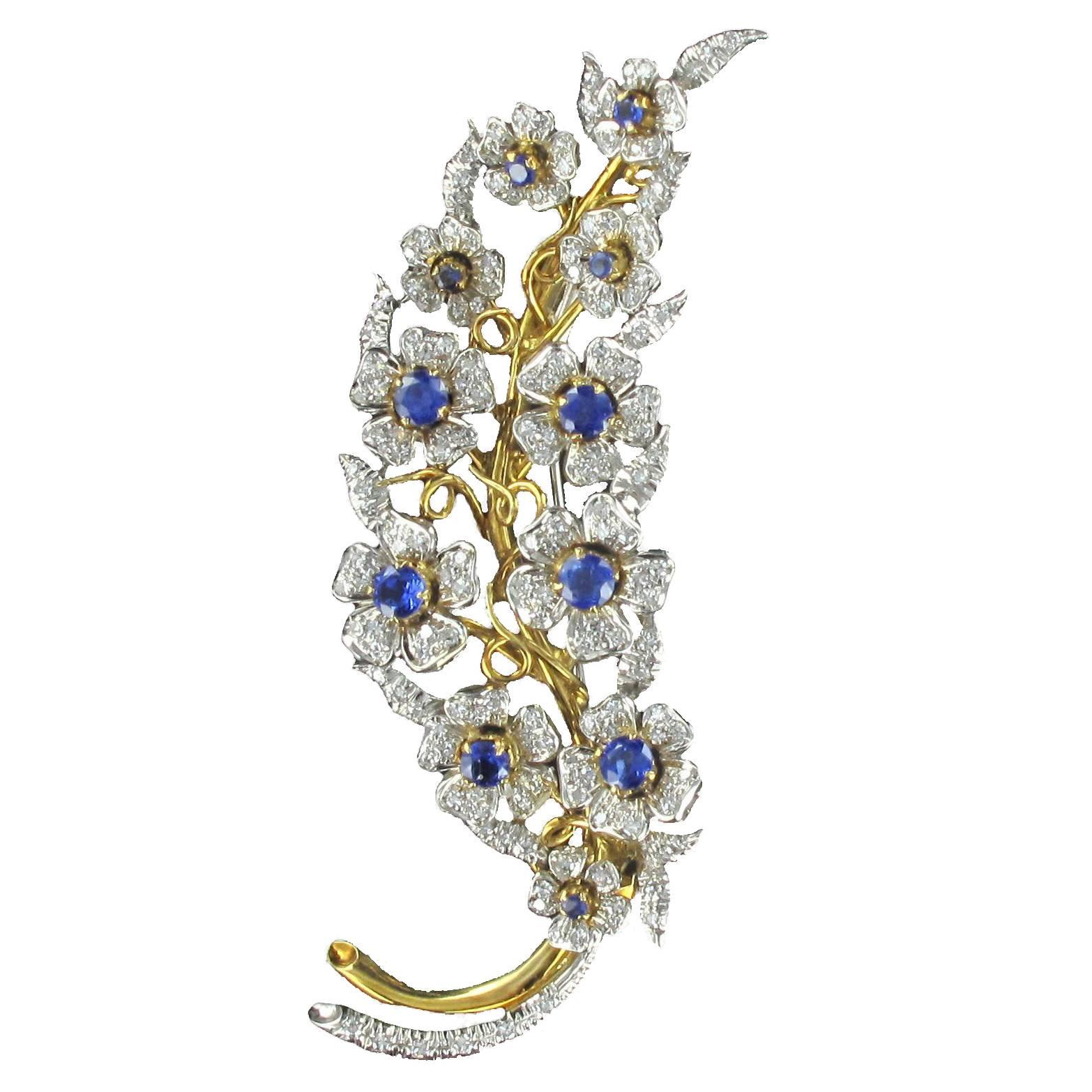 French 1960s Sapphire Diamond Gold Flower Branch Brooch