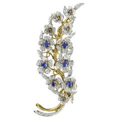 French 1960s Sapphire Diamond Gold Flower Branch Brooch