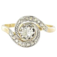 1920s French Diamond Gold Platinum Spiral Ring